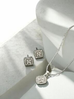 Silver Crystal Square Pendant Necklace and Stud Earrings Set